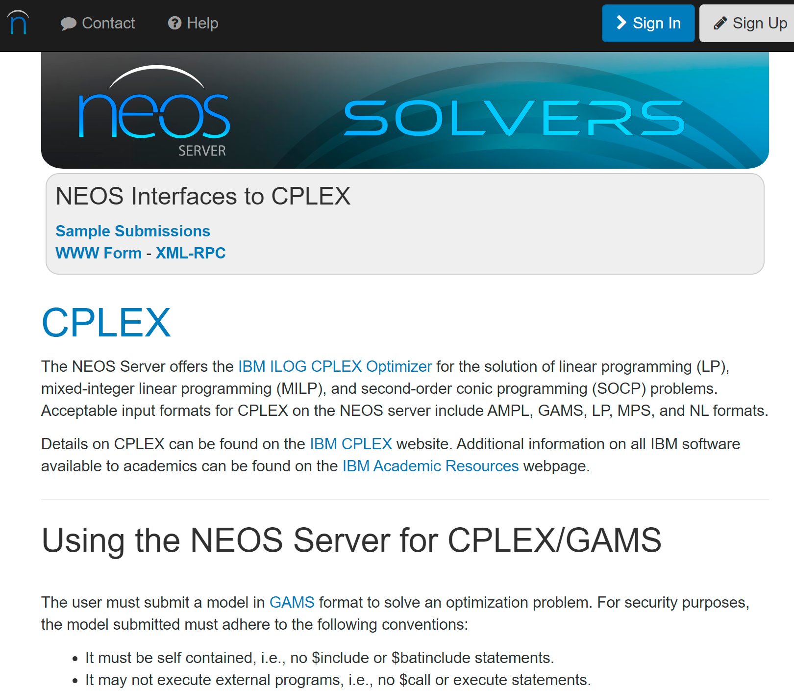 Выбор  формы  для отправки задачи оптимизации на странице сайта NEOS